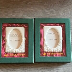 Set of 2 Demdaco Christmas Wishes Ceramic Mini Picture Frame Ornaments 1.5x2.25